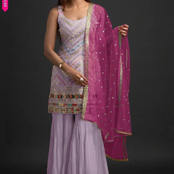 Lavender Georgette Embroidered Sequins Sharara Suit - Indian Party/Weddi… - Picture 1 of 10